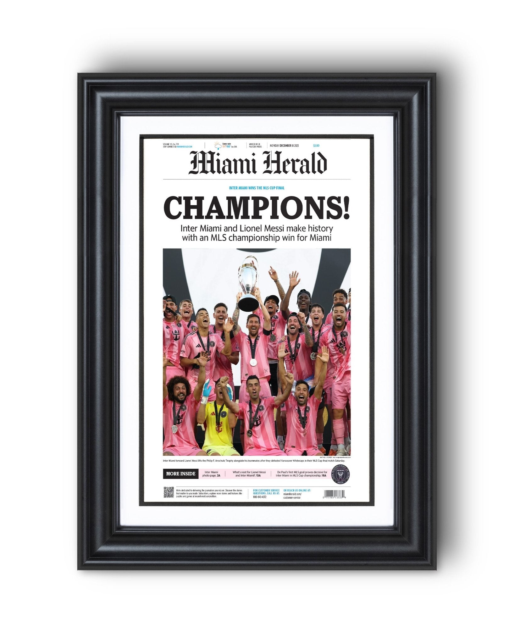 2025 Inter Miami FC “CHAMPIONS!” – First MLS Cup Title – Lionel Messi Framed Newspaper Print - TitleGameFrames.com