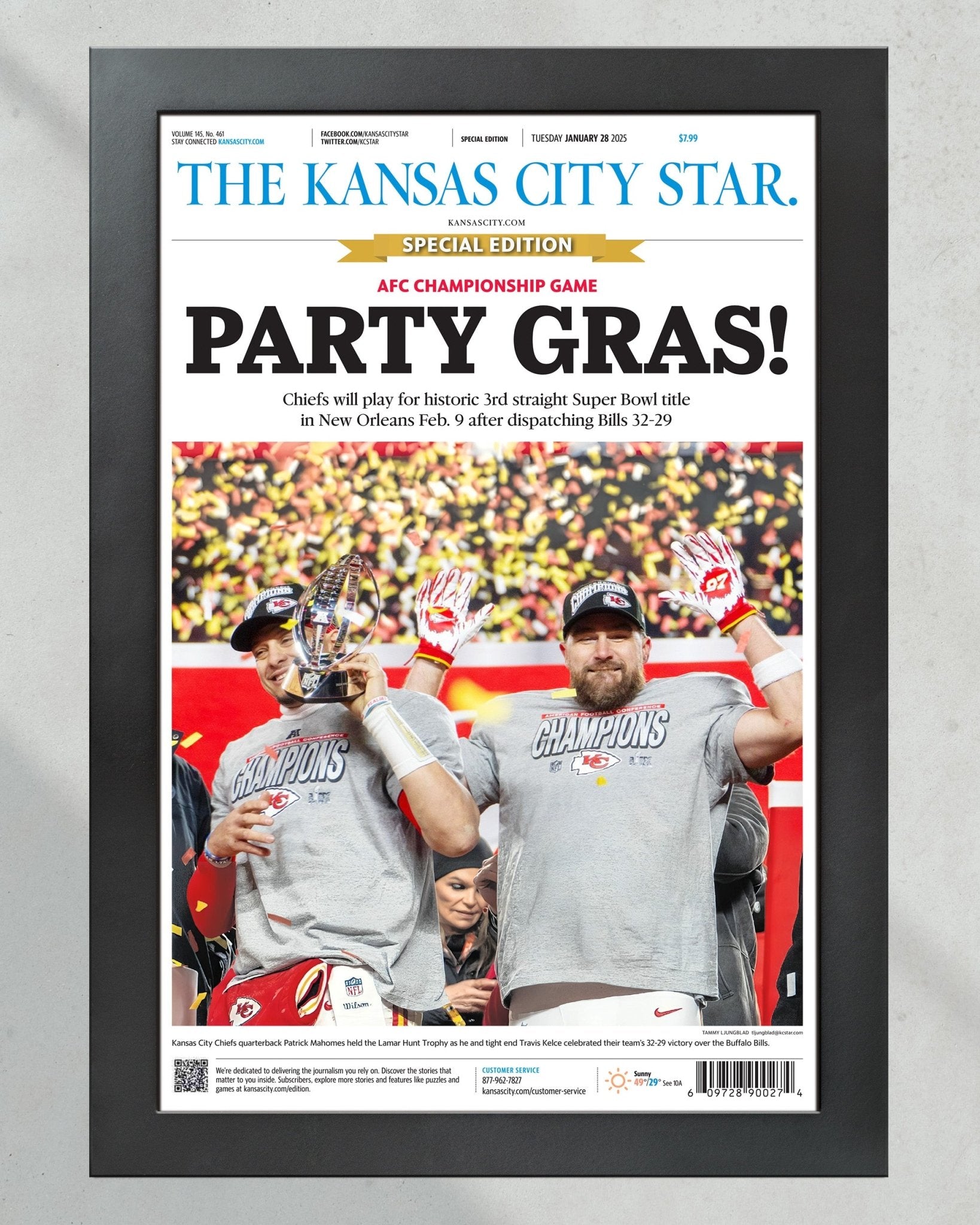 2025 Kansas City Chiefs “PARTY GRAS!” AFC Championship Framed Newspaper - Title Game Frames