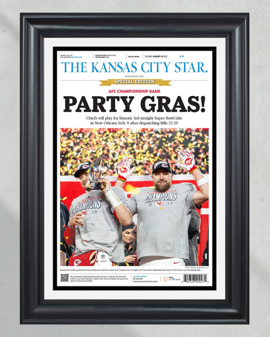 2025 Kansas City Chiefs “PARTY GRAS!” AFC Championship Framed Newspaper - Title Game Frames