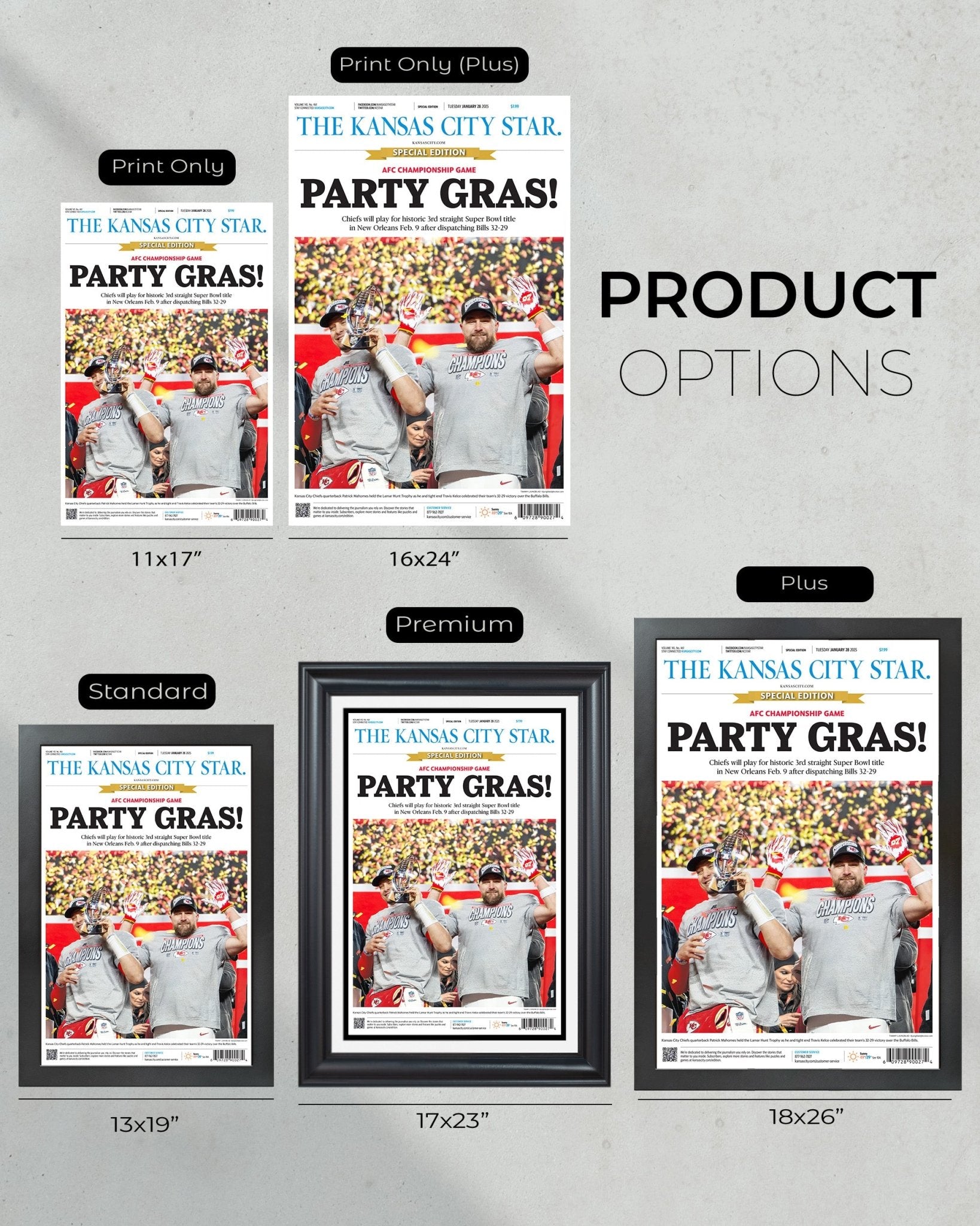 2025 Kansas City Chiefs “PARTY GRAS!” AFC Championship Framed Newspaper - Title Game Frames
