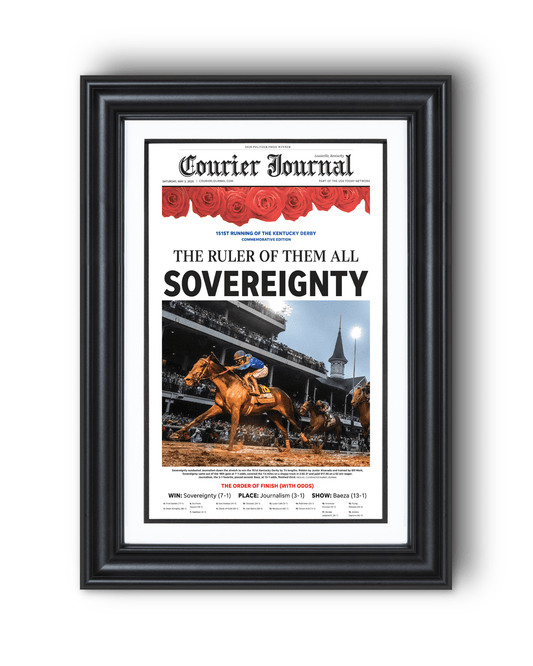 2025 Kentucky Derby Winner Sovereignty "The Ruler of Them All" Framed Newspaper - TitleGameFrames.com