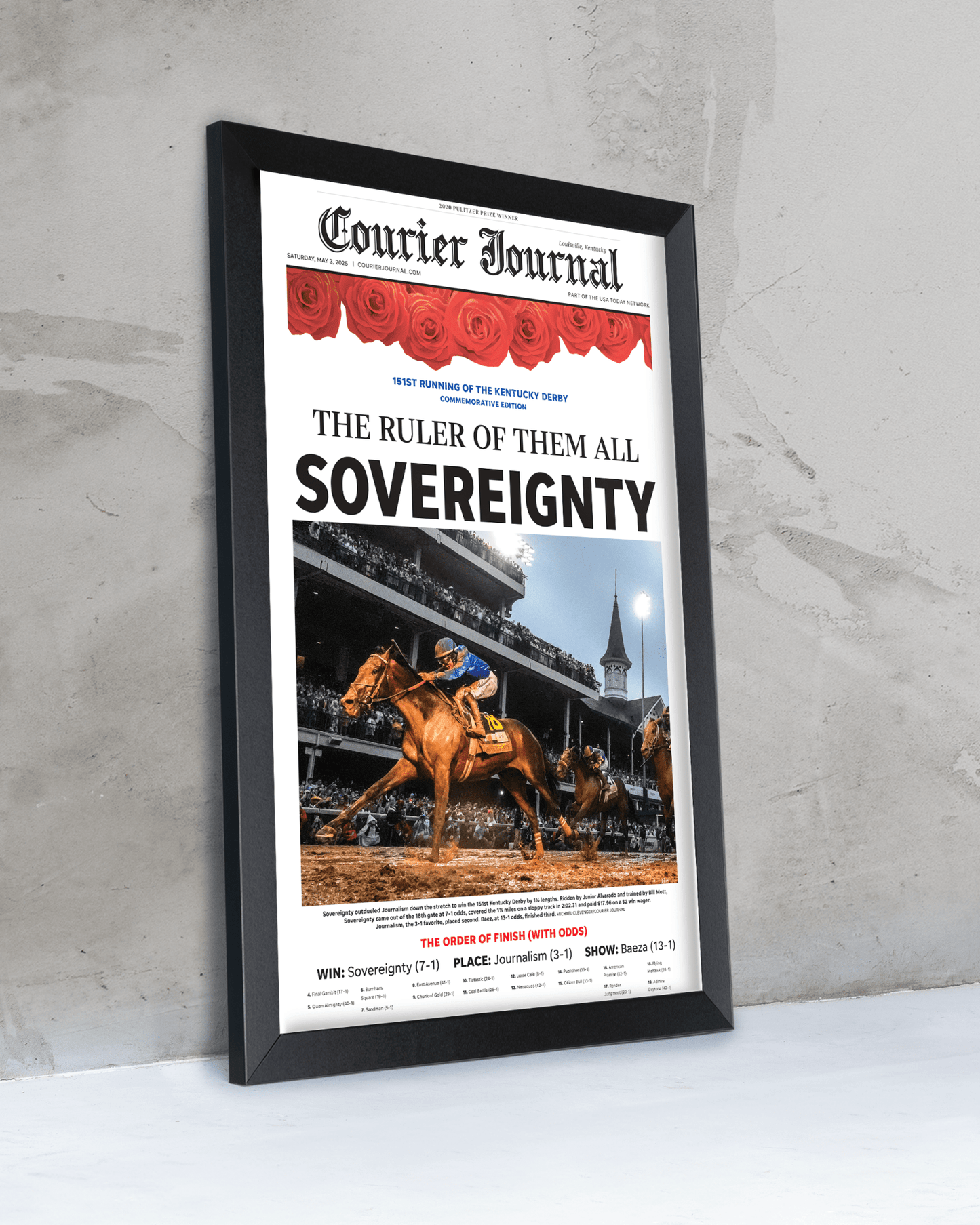 2025 Kentucky Derby Winner Sovereignty "The Ruler of Them All" Framed Newspaper - TitleGameFrames.com