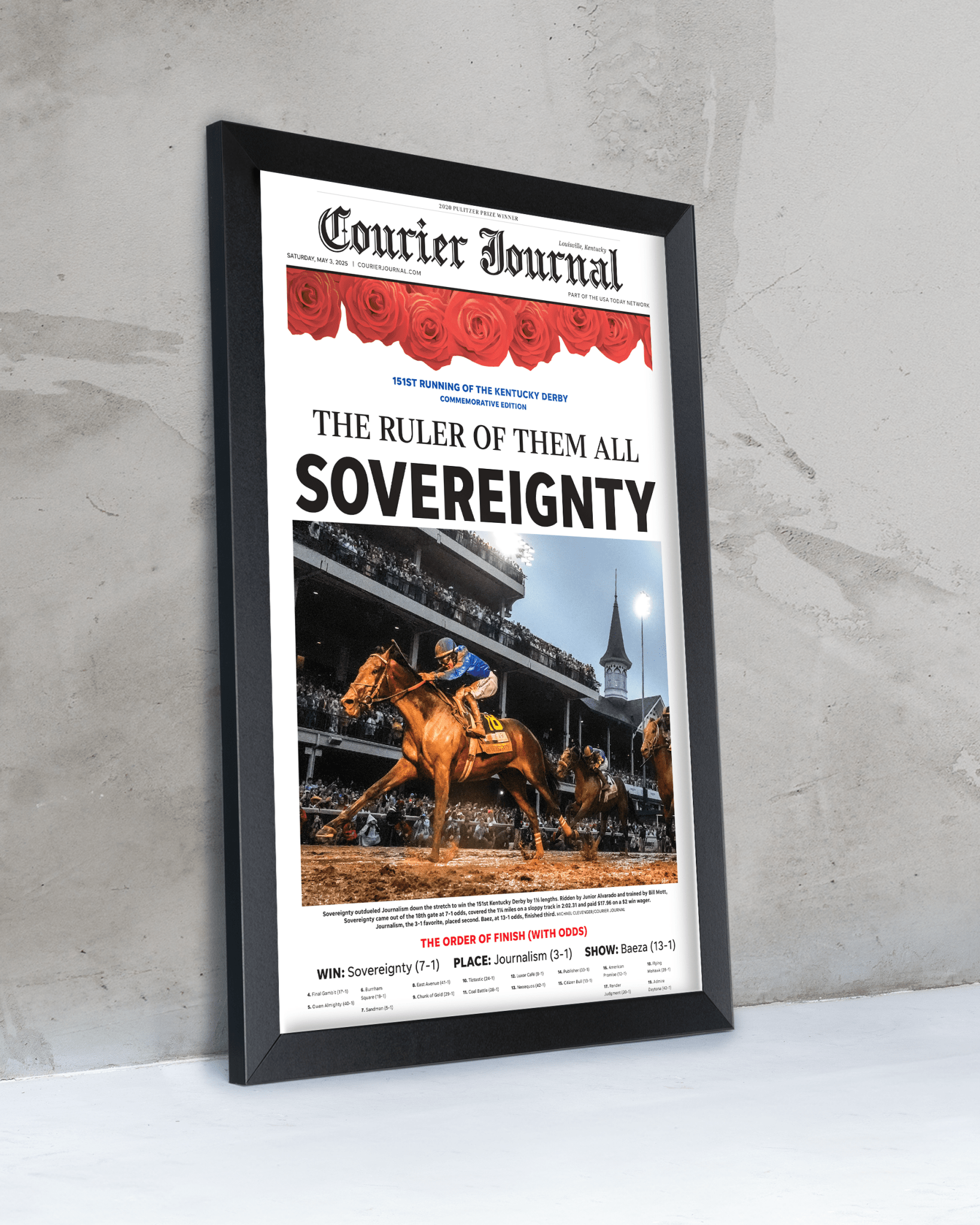 2025 Kentucky Derby Winner Sovereignty "The Ruler of Them All" Framed Newspaper - TitleGameFrames.com