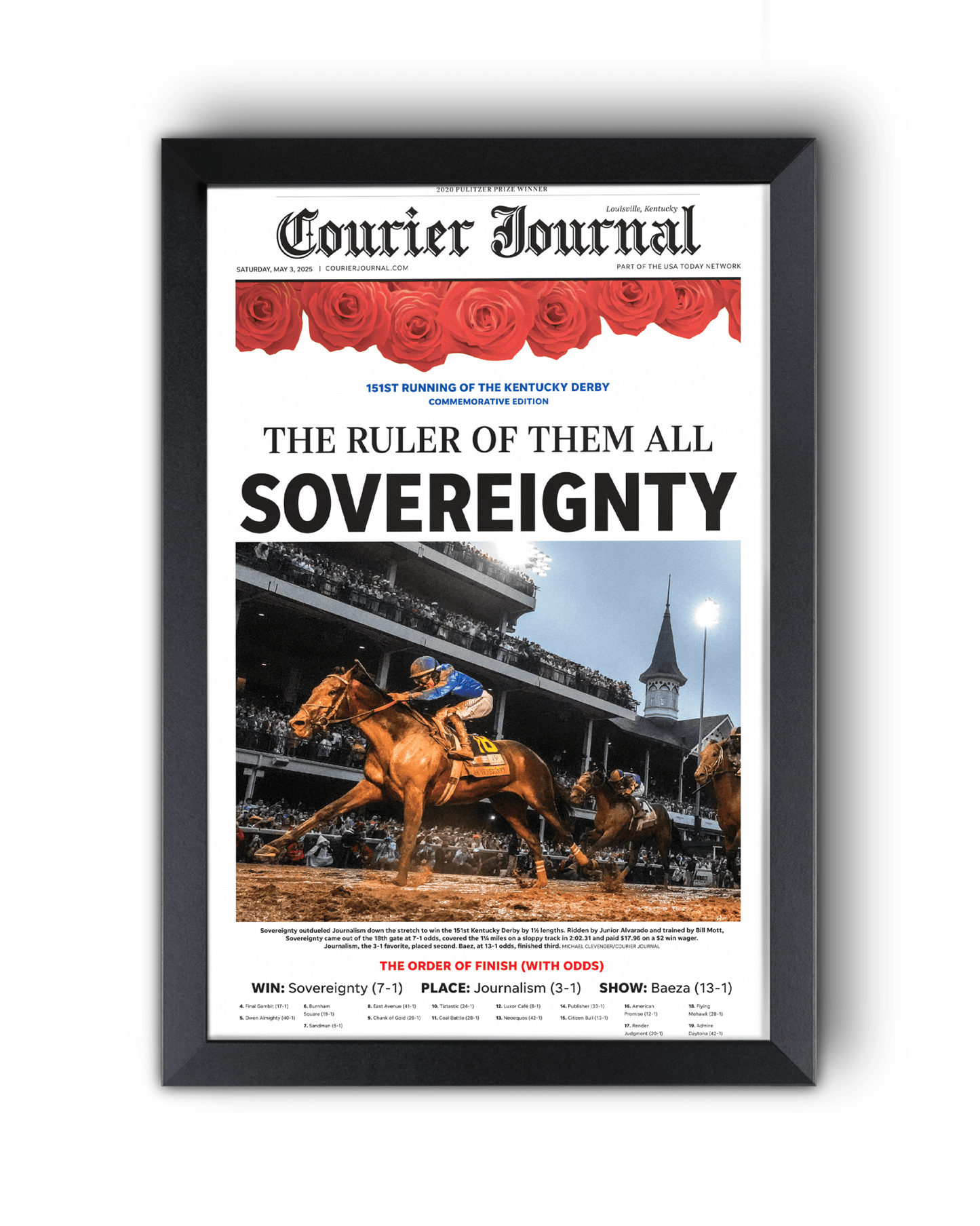 2025 Kentucky Derby Winner Sovereignty "The Ruler of Them All" Framed Newspaper - TitleGameFrames.com