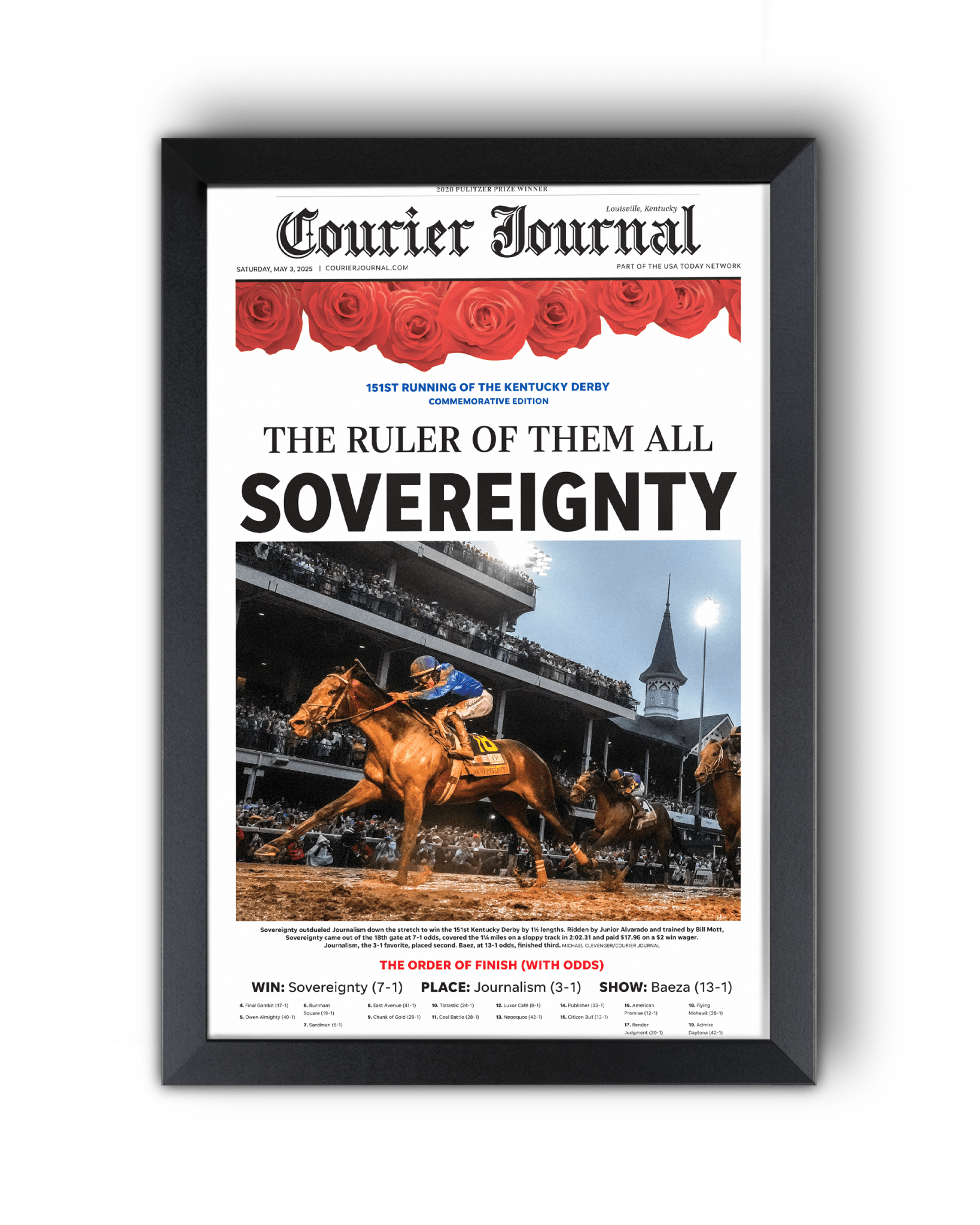 2025 Kentucky Derby Winner Sovereignty "The Ruler of Them All" Framed Newspaper - TitleGameFrames.com