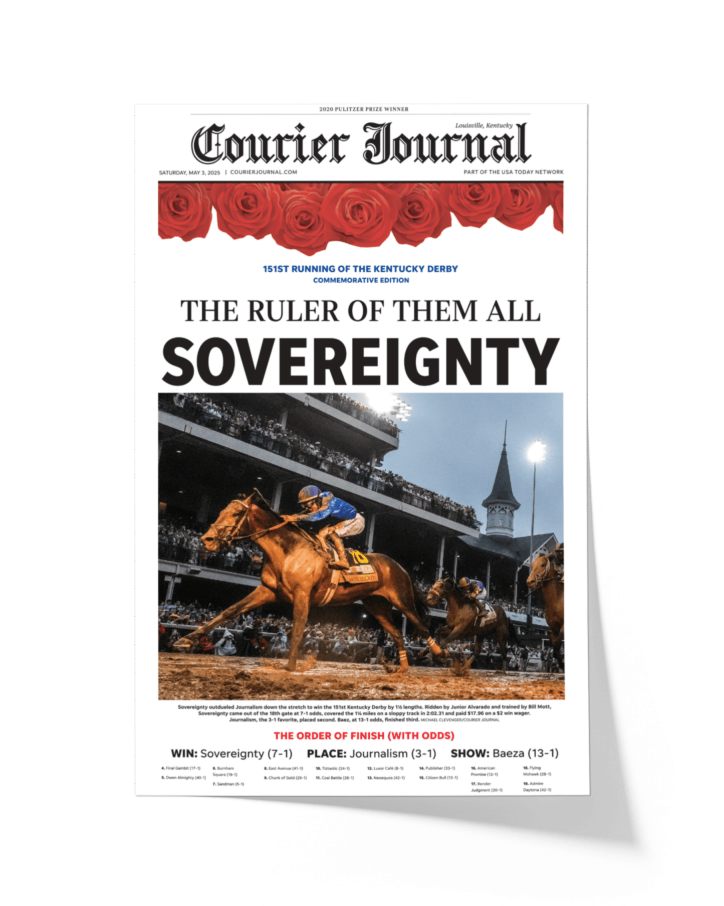 2025 Kentucky Derby Winner Sovereignty "The Ruler of Them All" Framed Newspaper - TitleGameFrames.com