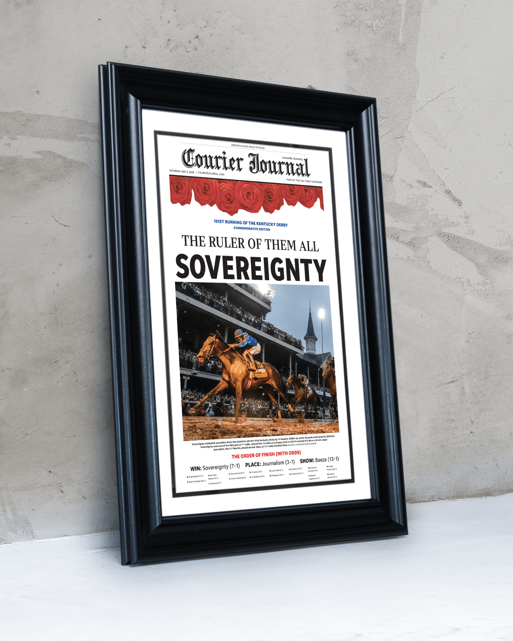 2025 Kentucky Derby Winner Sovereignty "The Ruler of Them All" Framed Newspaper - TitleGameFrames.com