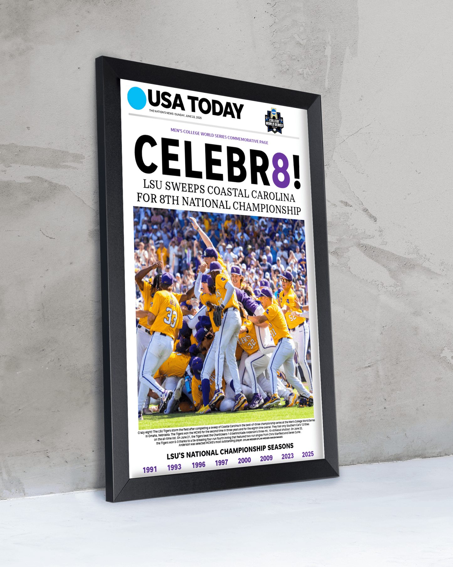 2025 LSU Tigers College World Series Champions “CELEBR8!” – Framed Newspaper - TitleGameFrames.com