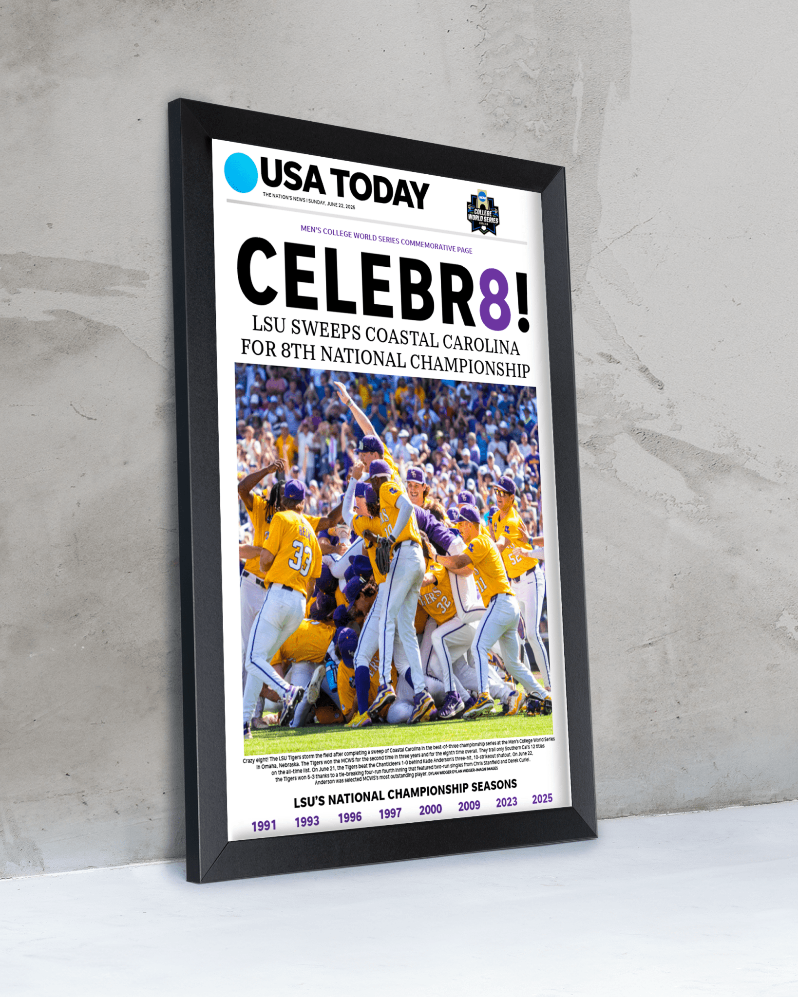 2025 LSU Tigers College World Series Champions “CELEBR8!” – Framed Newspaper - TitleGameFrames.com