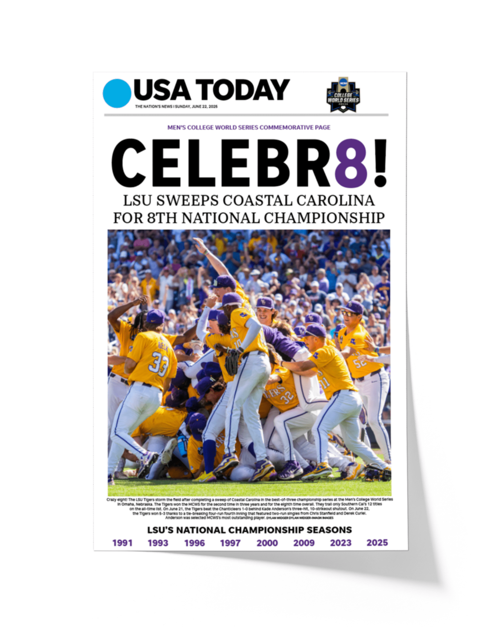 2025 LSU Tigers College World Series Champions “CELEBR8!” – Framed Newspaper - TitleGameFrames.com