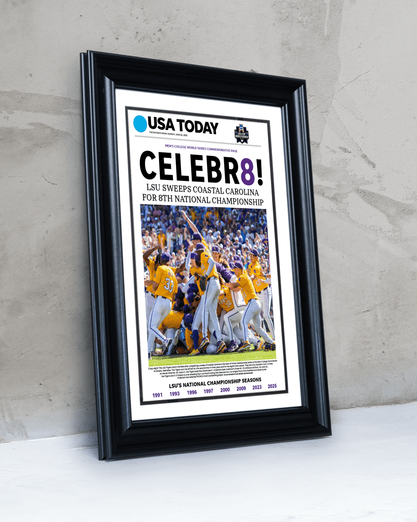 2025 LSU Tigers College World Series Champions “CELEBR8!” – Framed Newspaper - TitleGameFrames.com
