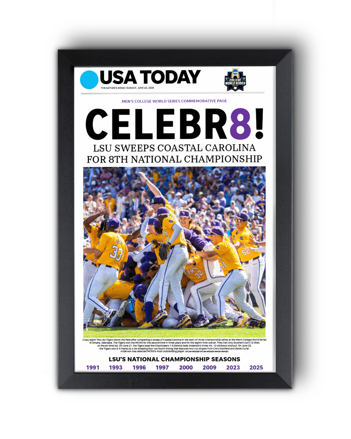 2025 LSU Tigers College World Series Champions “CELEBR8!” – Framed Newspaper - TitleGameFrames.com