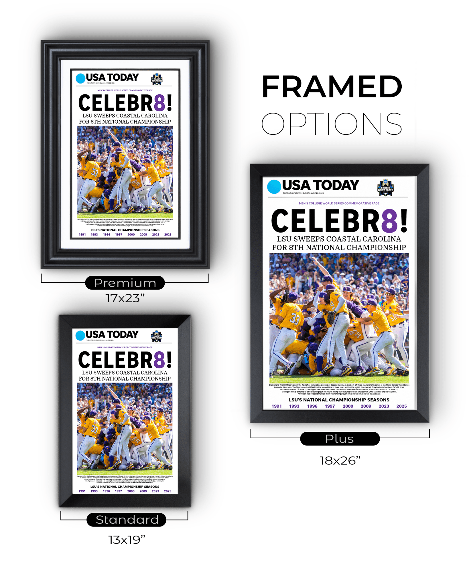 2025 LSU Tigers College World Series Champions “CELEBR8!” – Framed Newspaper - TitleGameFrames.com
