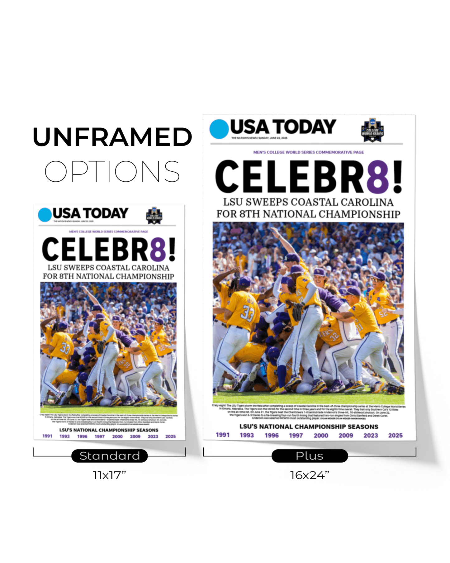 2025 LSU Tigers College World Series Champions “CELEBR8!” – Framed Newspaper - TitleGameFrames.com