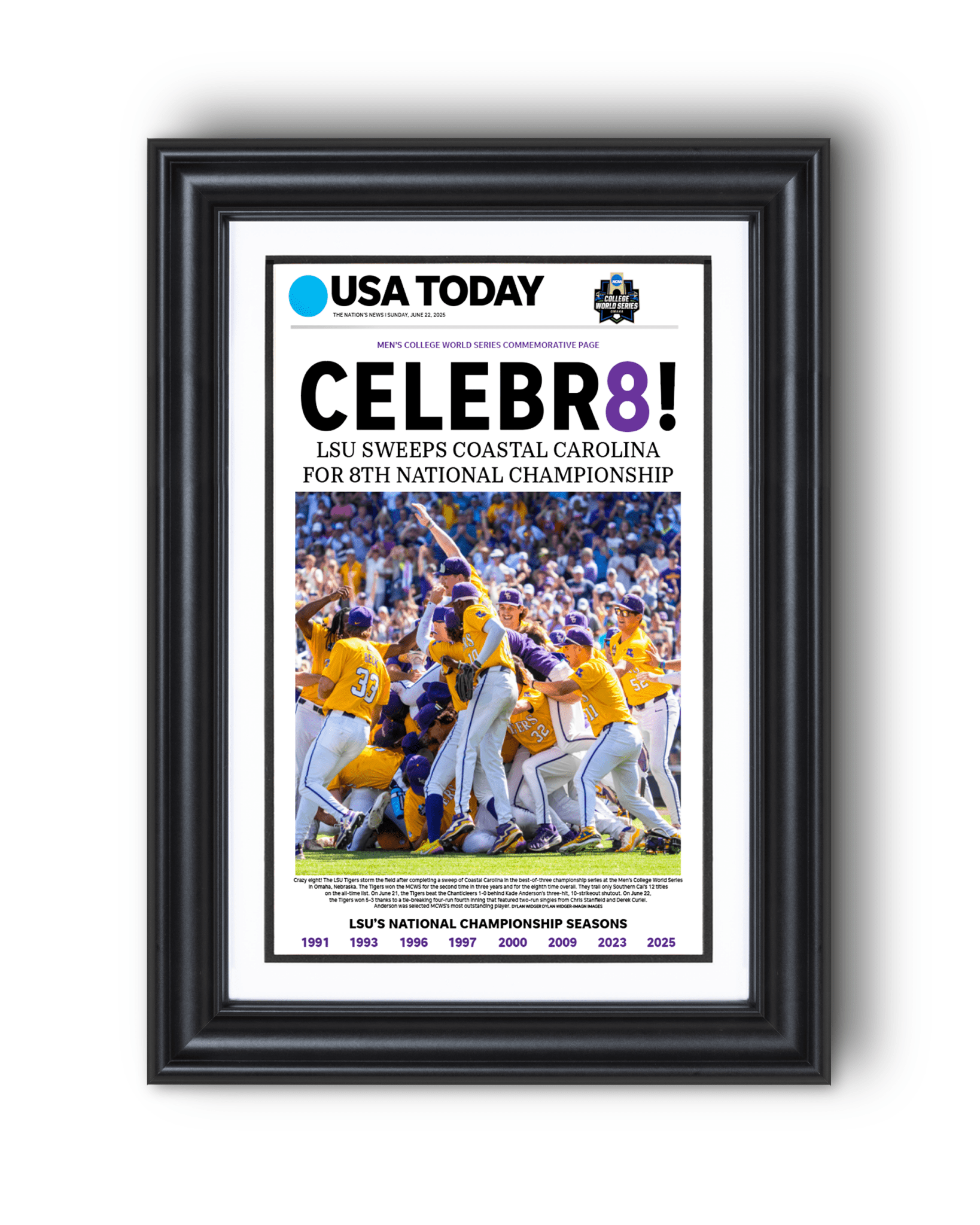 2025 LSU Tigers College World Series Champions “CELEBR8!” – Framed Newspaper - TitleGameFrames.com