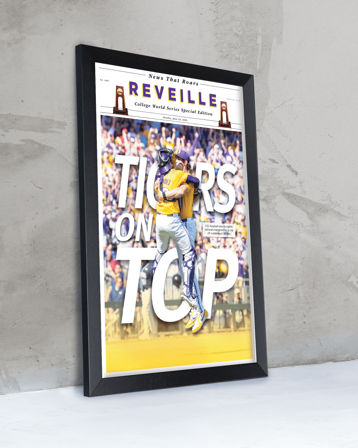 2025 LSU Tigers CWS Champions "TIGERS ON TOP" – Framed Reveille Newspaper - TitleGameFrames.com