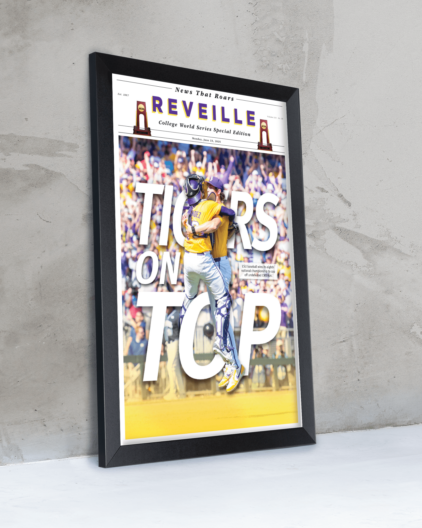 2025 LSU Tigers CWS Champions "TIGERS ON TOP" – Framed Reveille Newspaper - TitleGameFrames.com