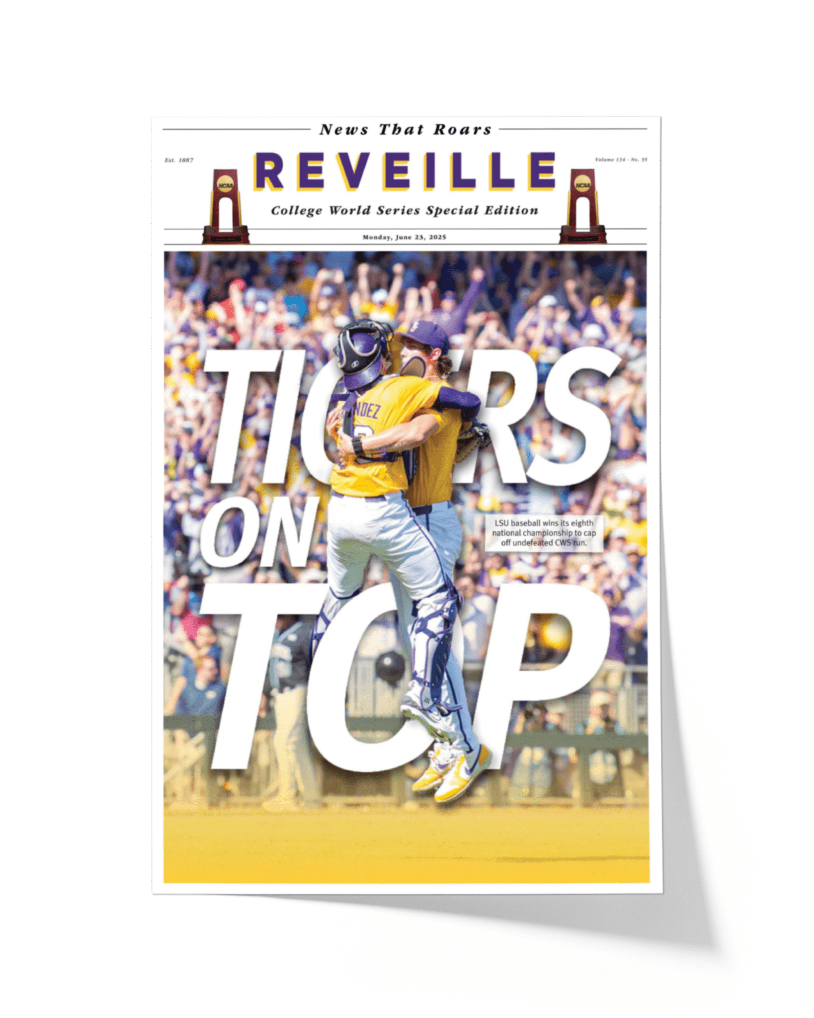 2025 LSU Tigers CWS Champions "TIGERS ON TOP" – Framed Reveille Newspaper - TitleGameFrames.com