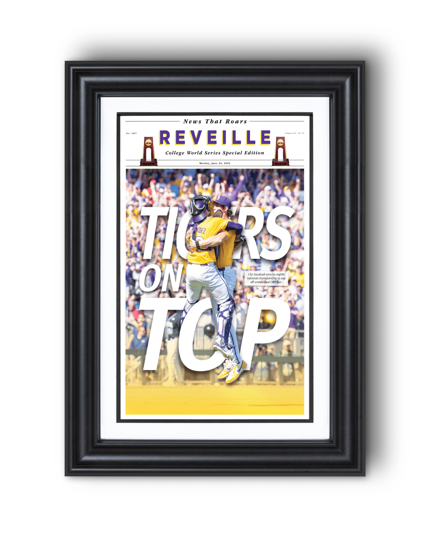 2025 LSU Tigers CWS Champions "TIGERS ON TOP" – Framed Reveille Newspaper - TitleGameFrames.com