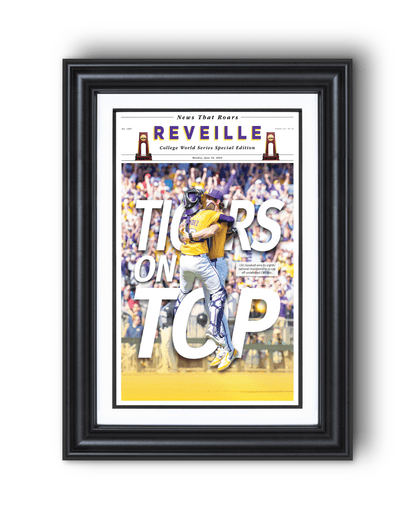 2025 LSU Tigers CWS Champions "TIGERS ON TOP" – Framed Reveille Newspaper - TitleGameFrames.com