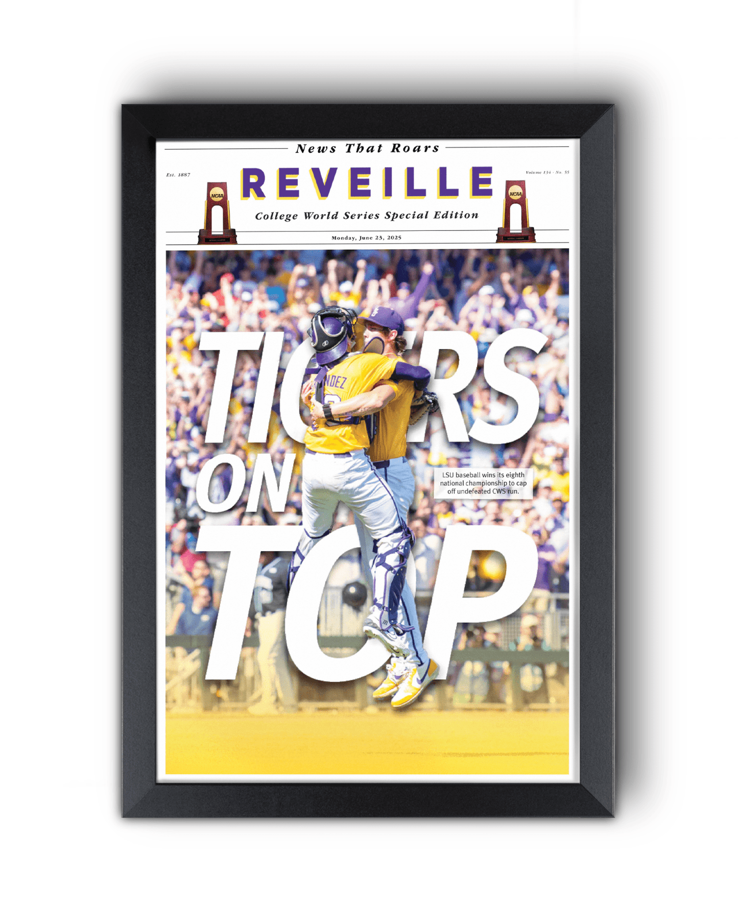 2025 LSU Tigers CWS Champions "TIGERS ON TOP" – Framed Reveille Newspaper - TitleGameFrames.com