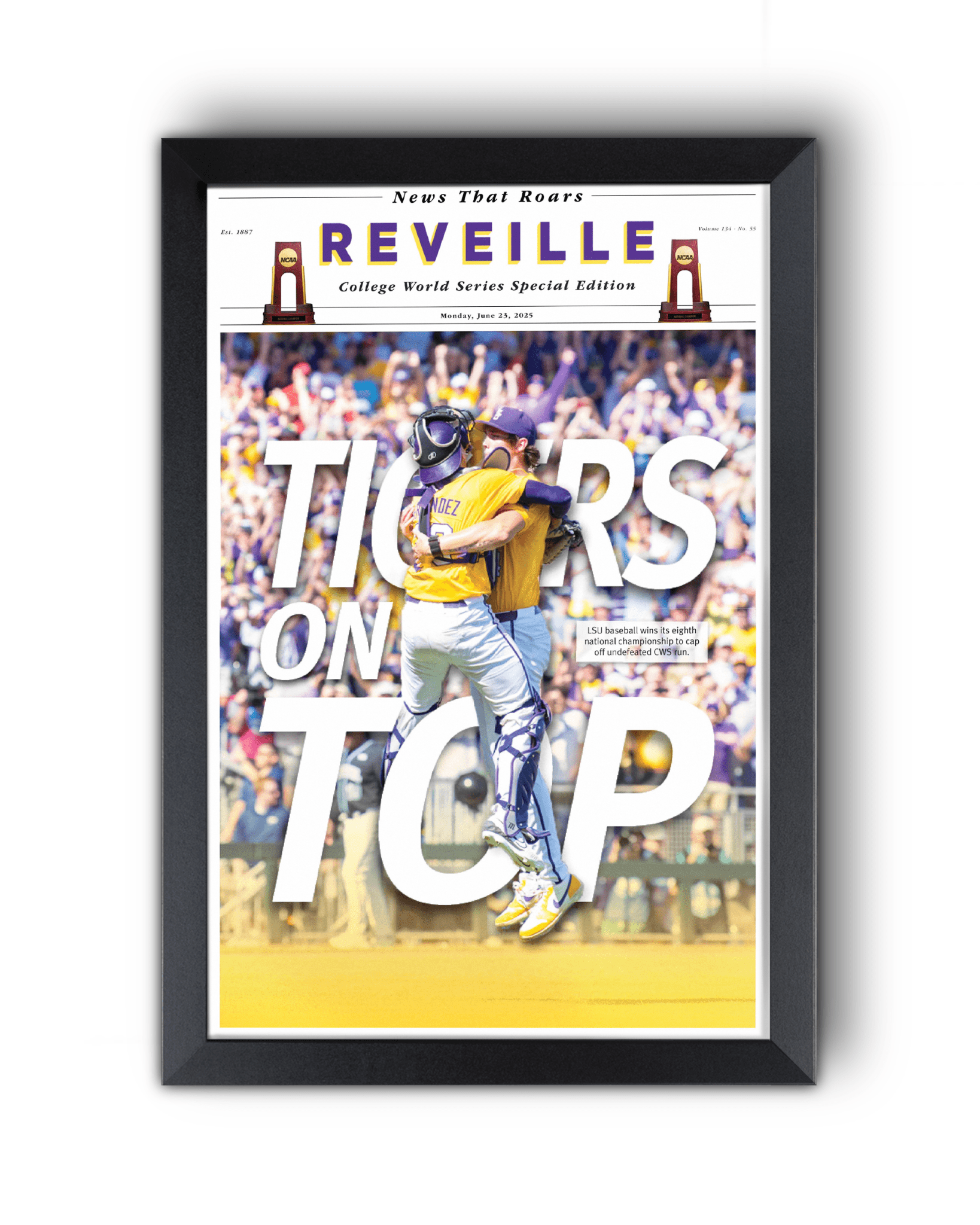 2025 LSU Tigers CWS Champions "TIGERS ON TOP" – Framed Reveille Newspaper - TitleGameFrames.com
