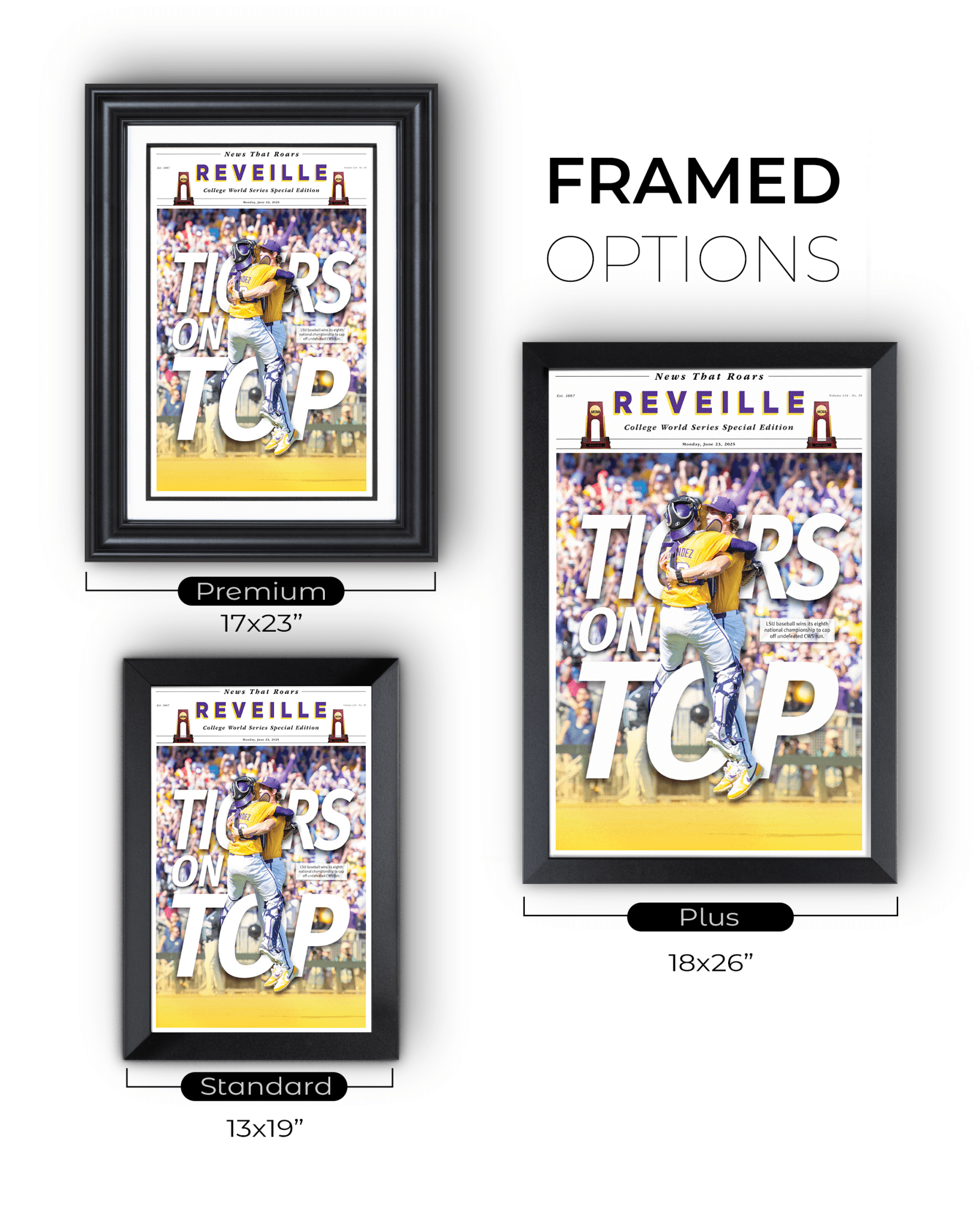 2025 LSU Tigers CWS Champions "TIGERS ON TOP" – Framed Reveille Newspaper - TitleGameFrames.com