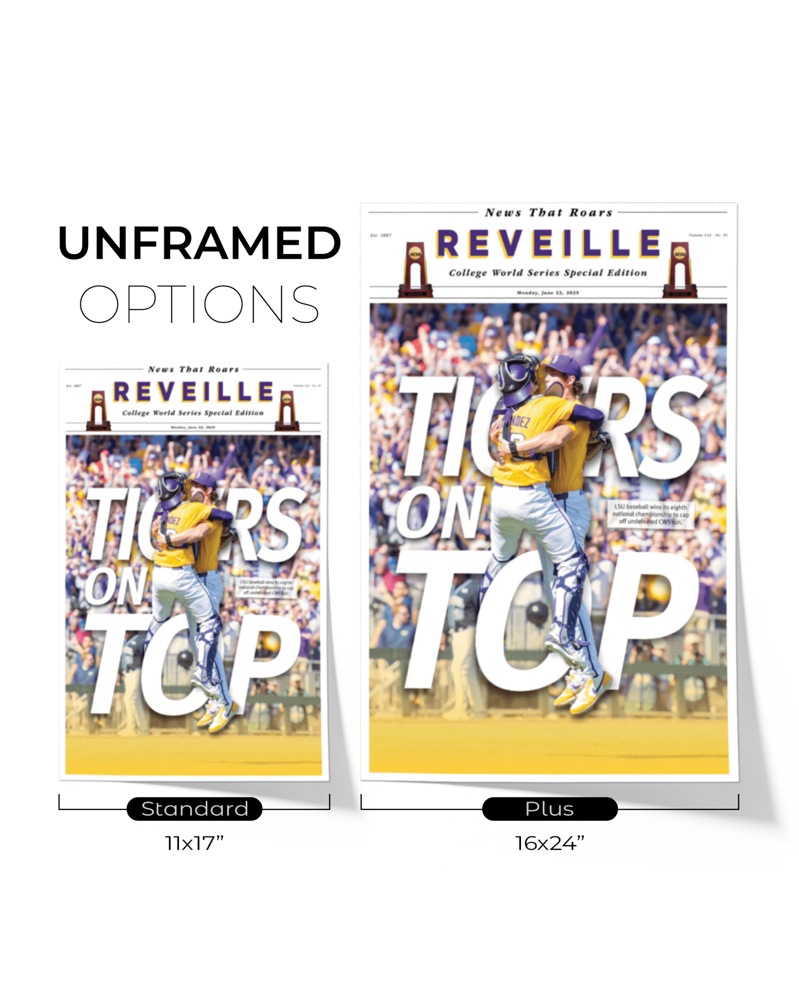 2025 LSU Tigers CWS Champions "TIGERS ON TOP" – Framed Reveille Newspaper - TitleGameFrames.com
