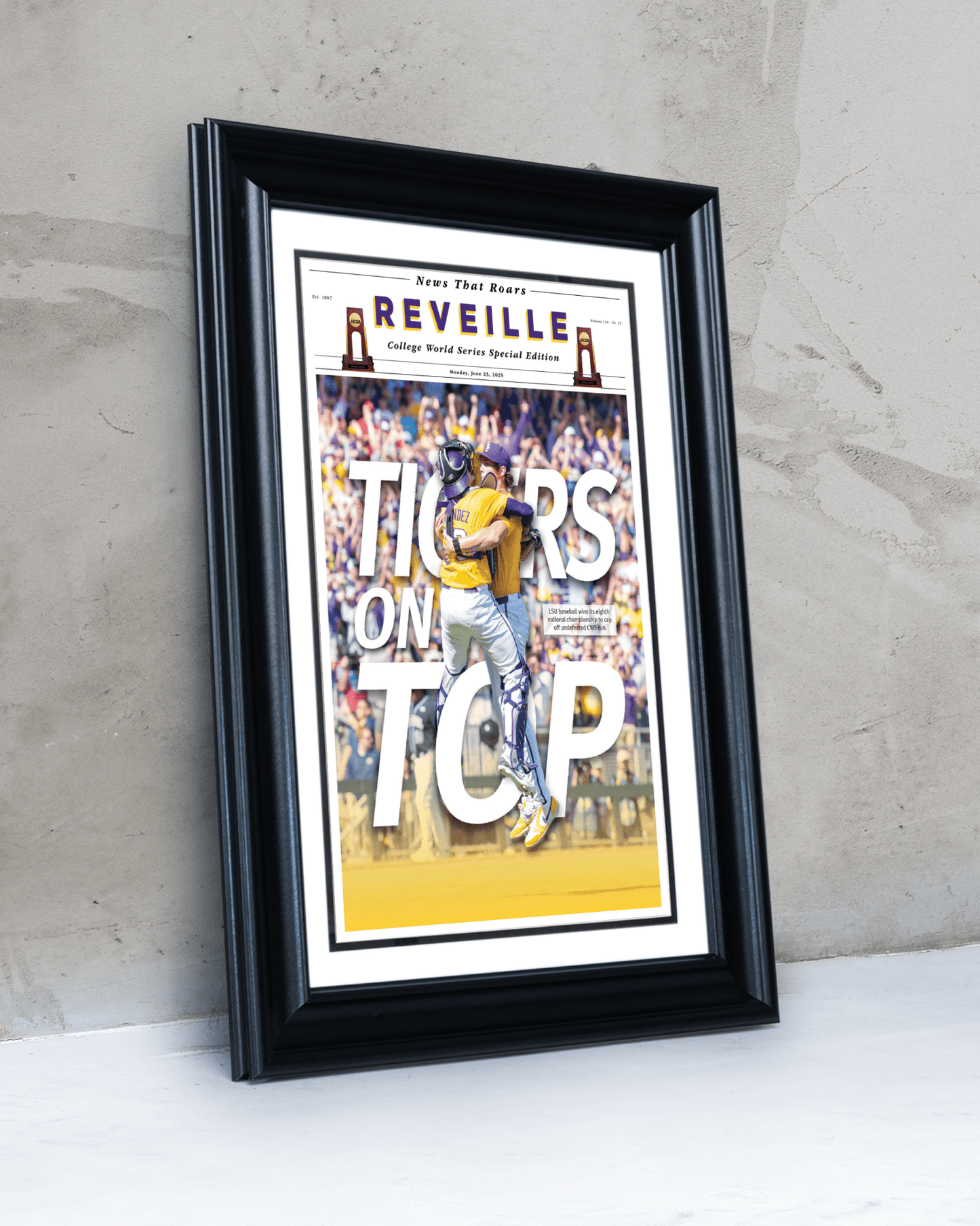 2025 LSU Tigers CWS Champions "TIGERS ON TOP" – Framed Reveille Newspaper - TitleGameFrames.com