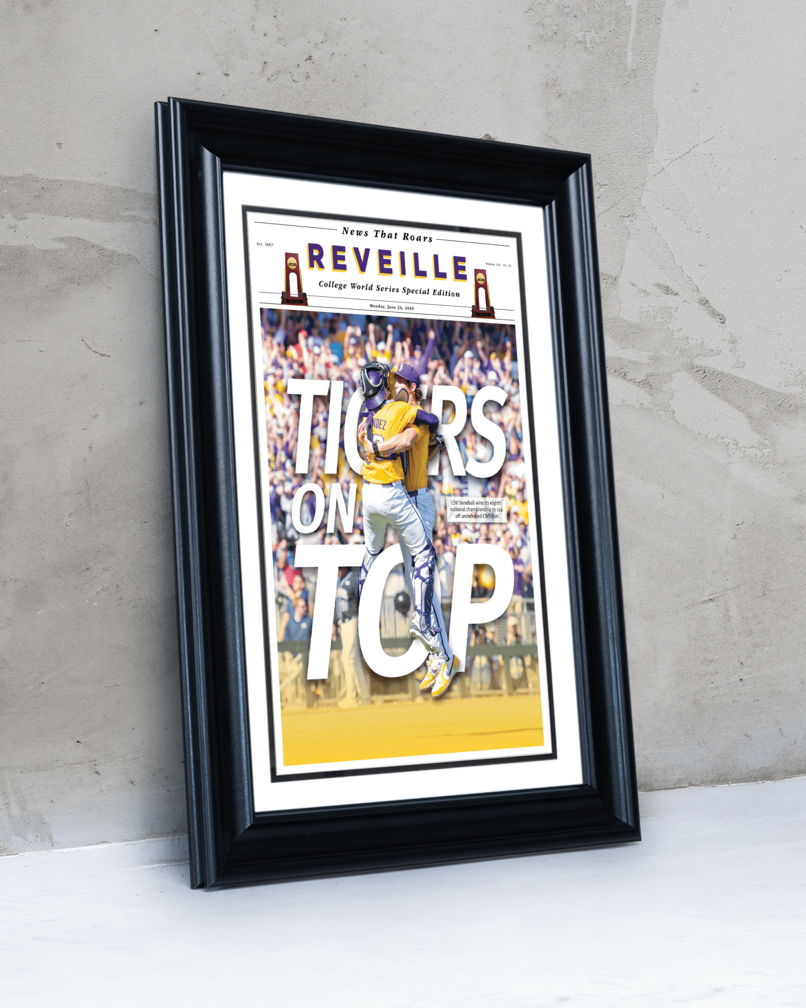 2025 LSU Tigers CWS Champions "TIGERS ON TOP" – Framed Reveille Newspaper - TitleGameFrames.com