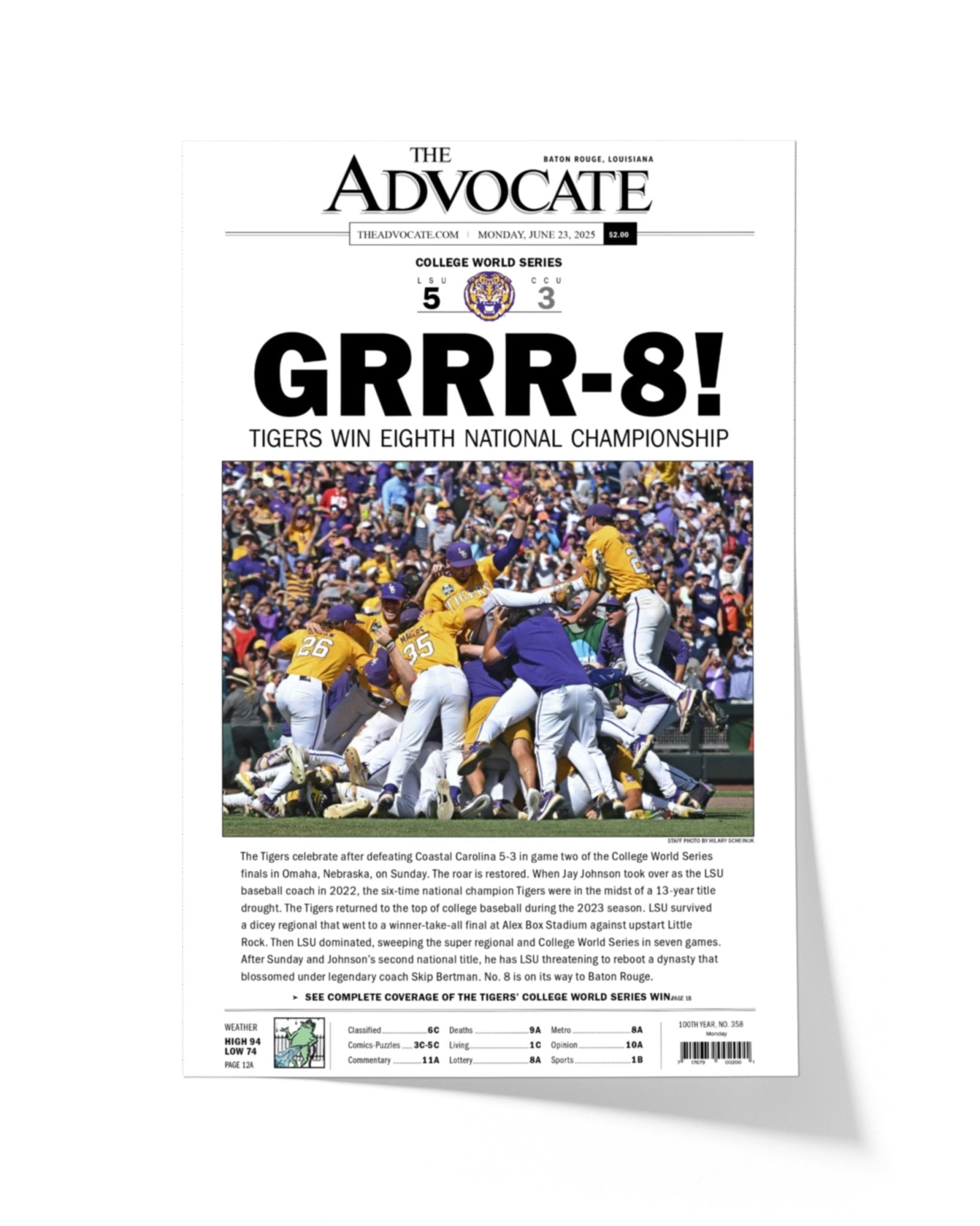 2025 LSU Tigers "GRRR - 8!" College World Series Champions Framed Newspaper - TitleGameFrames.com