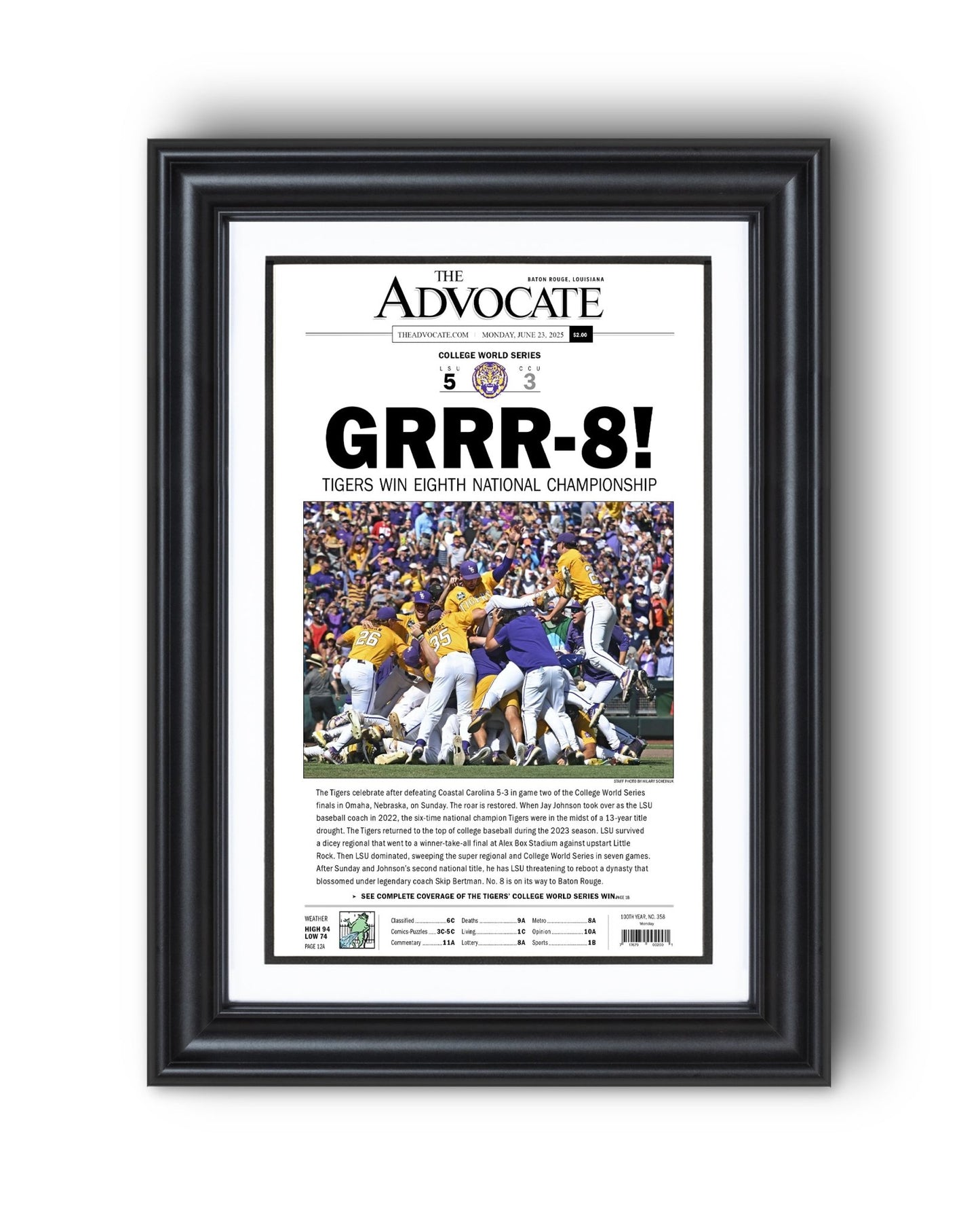 2025 LSU Tigers "GRRR - 8!" College World Series Champions Framed Newspaper - TitleGameFrames.com
