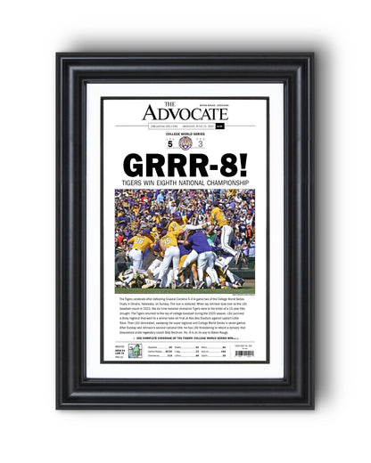 2025 LSU Tigers "GRRR - 8!" College World Series Champions Framed Newspaper - TitleGameFrames.com