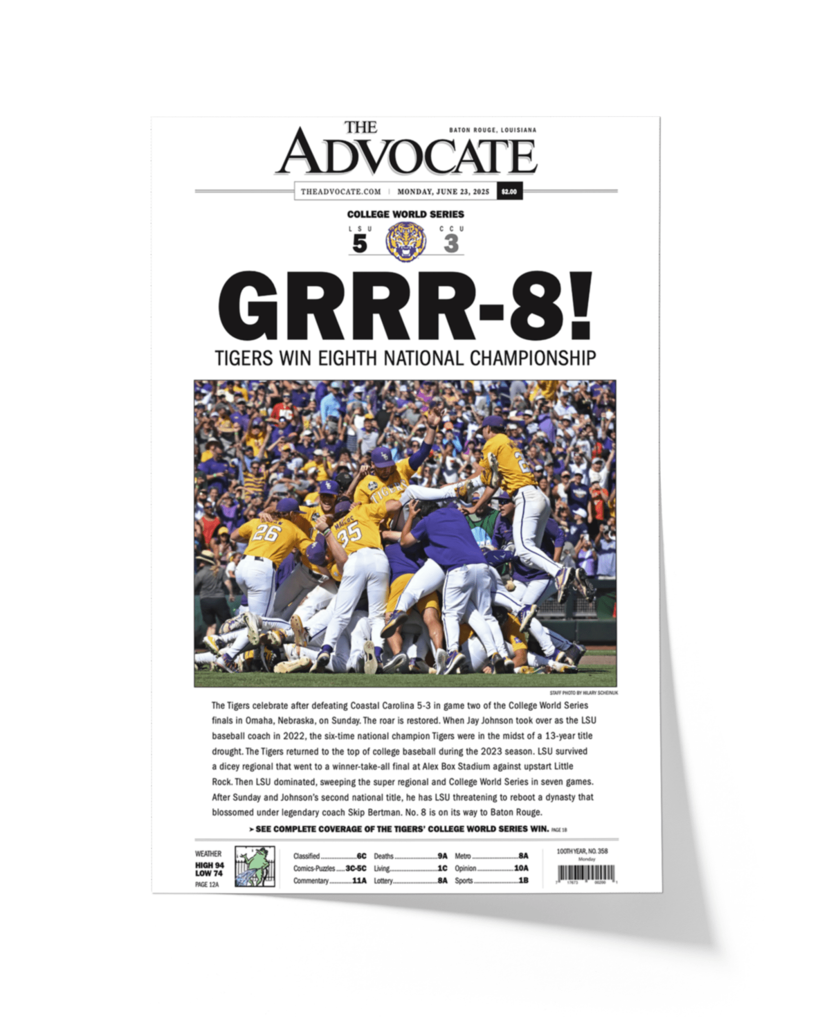 2025 LSU Tigers "GRRR - 8!" College World Series Champions Framed Newspaper - TitleGameFrames.com