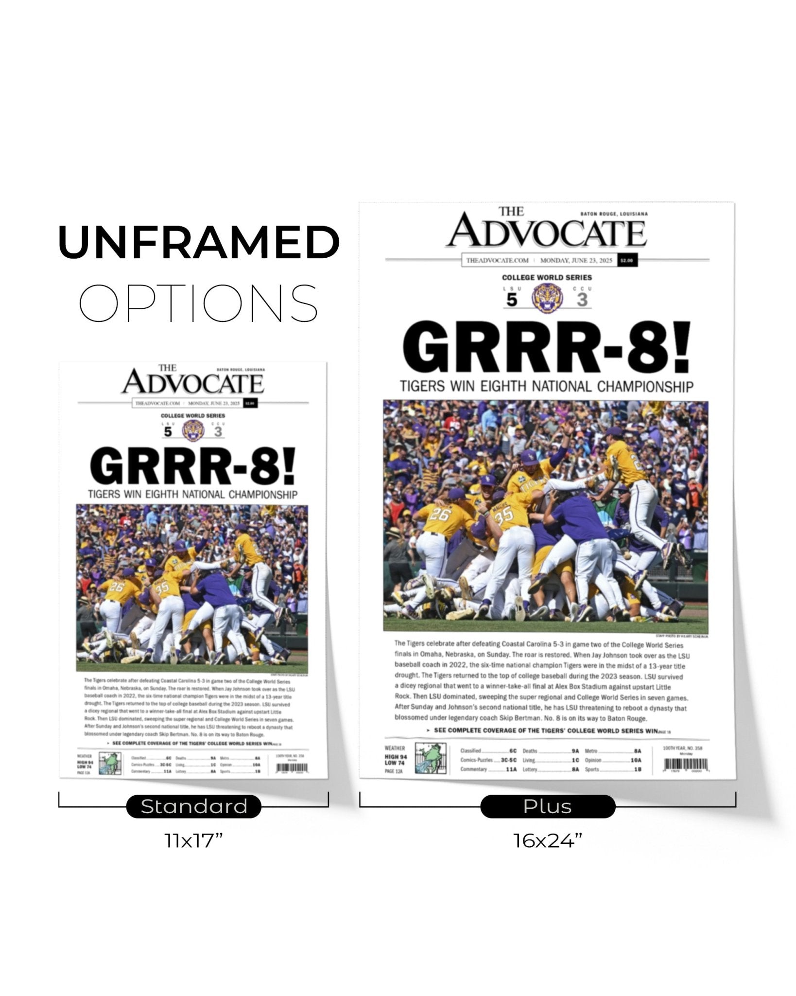 2025 LSU Tigers "GRRR - 8!" College World Series Champions Framed Newspaper - TitleGameFrames.com