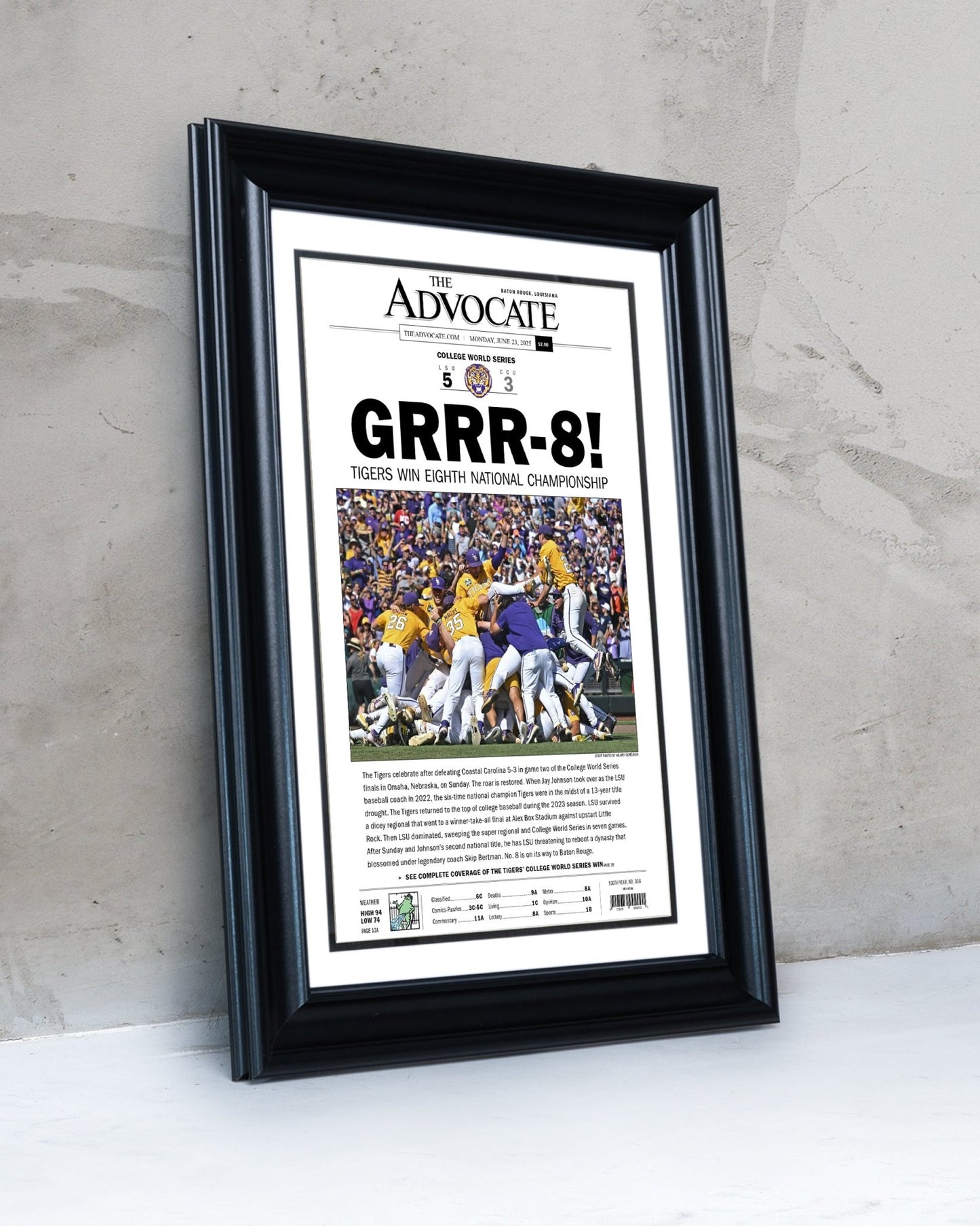 2025 LSU Tigers "GRRR - 8!" College World Series Champions Framed Newspaper - TitleGameFrames.com