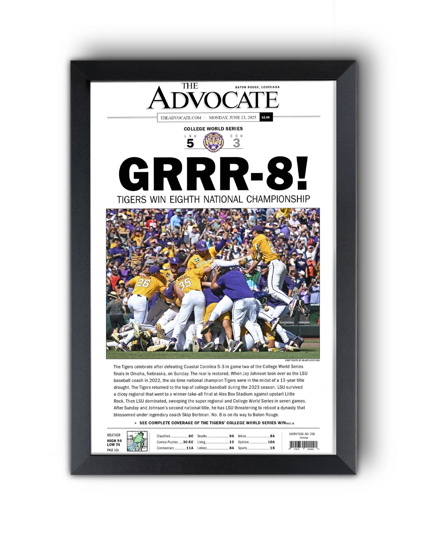 2025 LSU Tigers "GRRR - 8!" College World Series Champions Framed Newspaper - TitleGameFrames.com