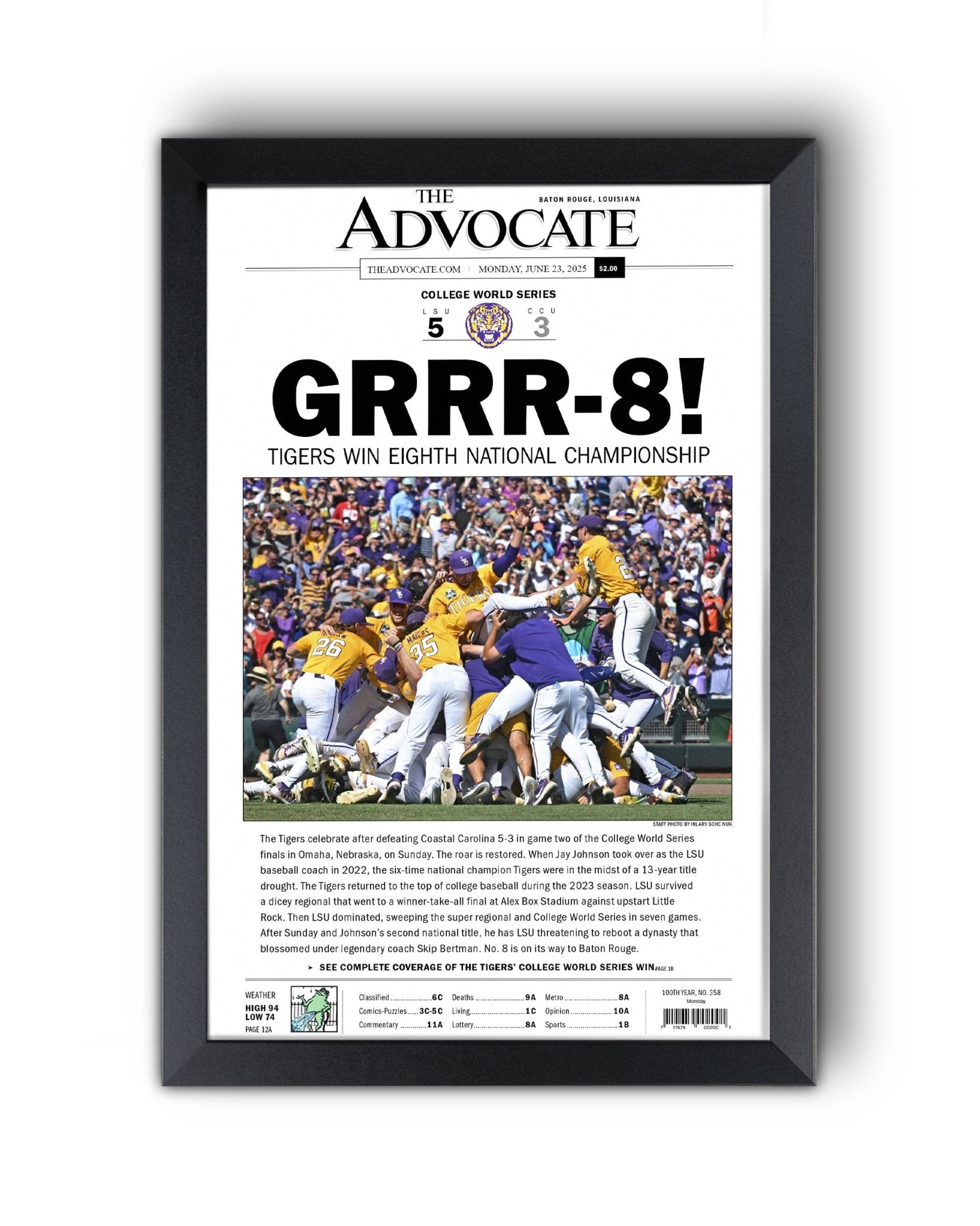 2025 LSU Tigers "GRRR - 8!" College World Series Champions Framed Newspaper - TitleGameFrames.com