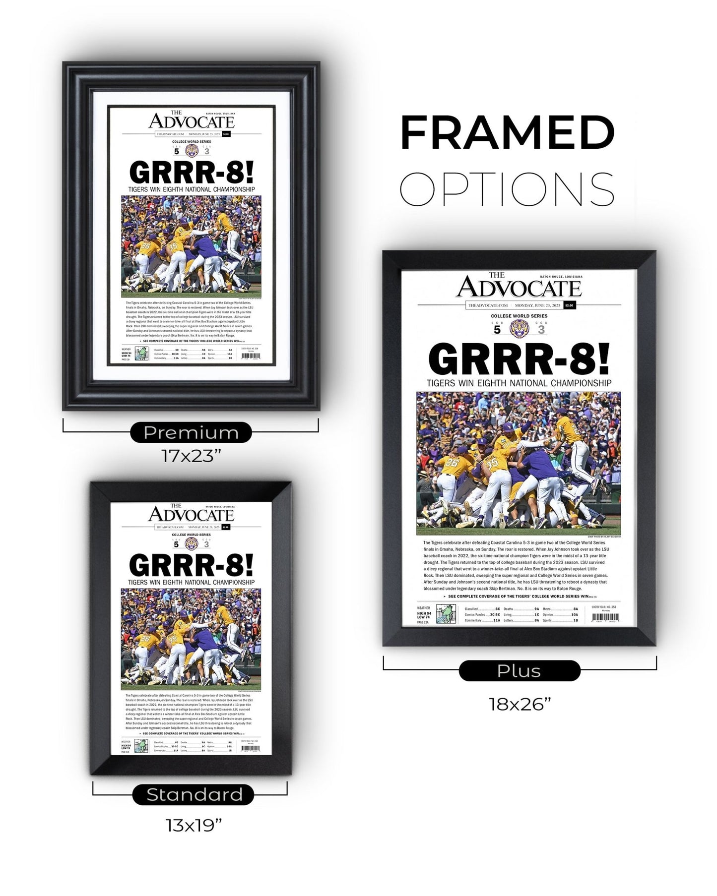 2025 LSU Tigers "GRRR - 8!" College World Series Champions Framed Newspaper - TitleGameFrames.com