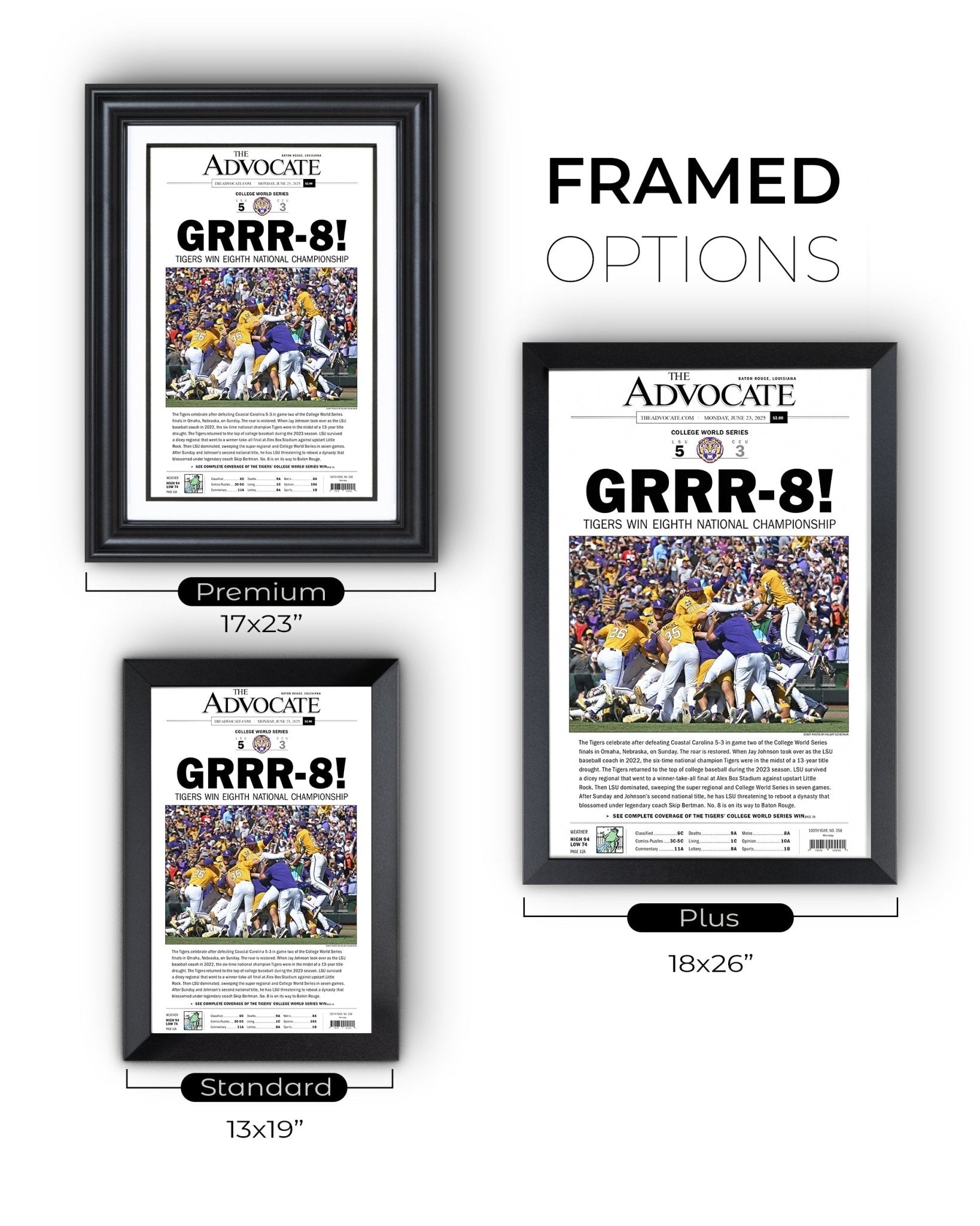 2025 LSU Tigers "GRRR - 8!" College World Series Champions Framed Newspaper - TitleGameFrames.com