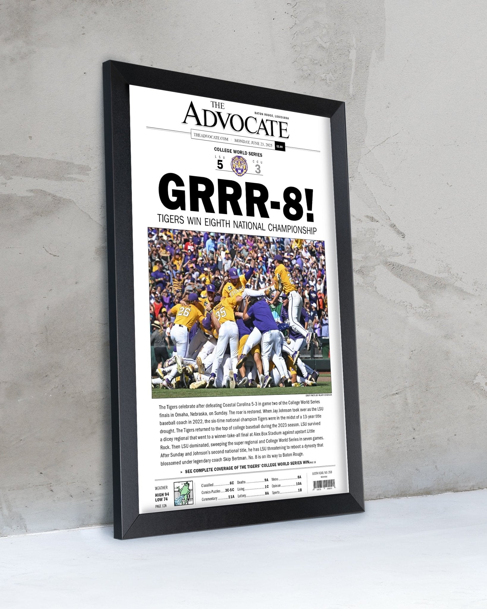 2025 LSU Tigers "GRRR - 8!" College World Series Champions Framed Newspaper - TitleGameFrames.com