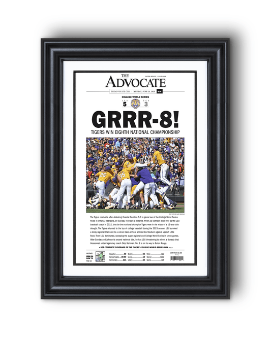2025 LSU Tigers "GRRR - 8!" College World Series Champions Framed Newspaper - TitleGameFrames.com