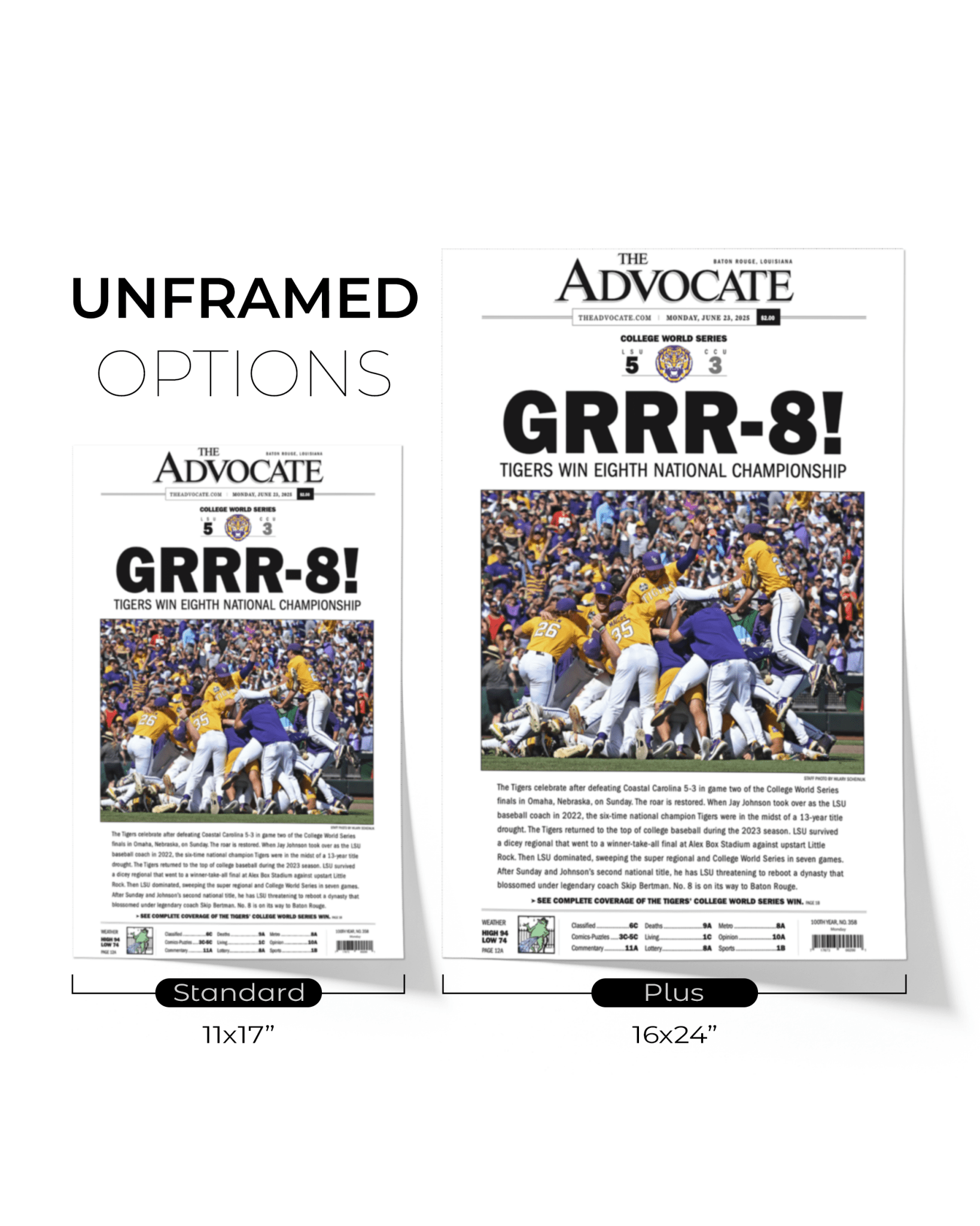 2025 LSU Tigers "GRRR - 8!" College World Series Champions Framed Newspaper - TitleGameFrames.com