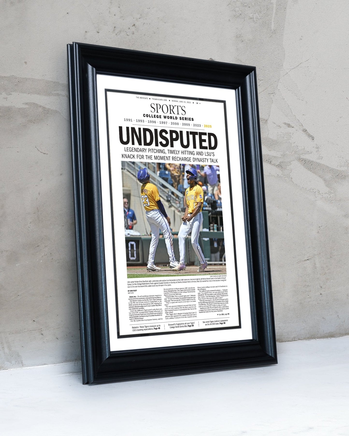 2025 LSU Tigers "UNDISPUTED" CWS Champions Framed Sports Newspaper - TitleGameFrames.com