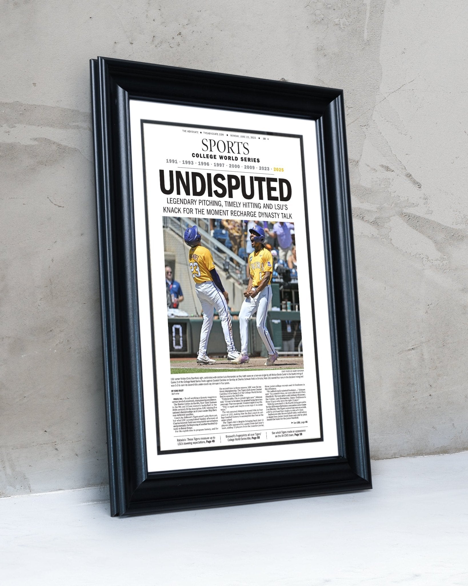 2025 LSU Tigers "UNDISPUTED" CWS Champions Framed Sports Newspaper - TitleGameFrames.com