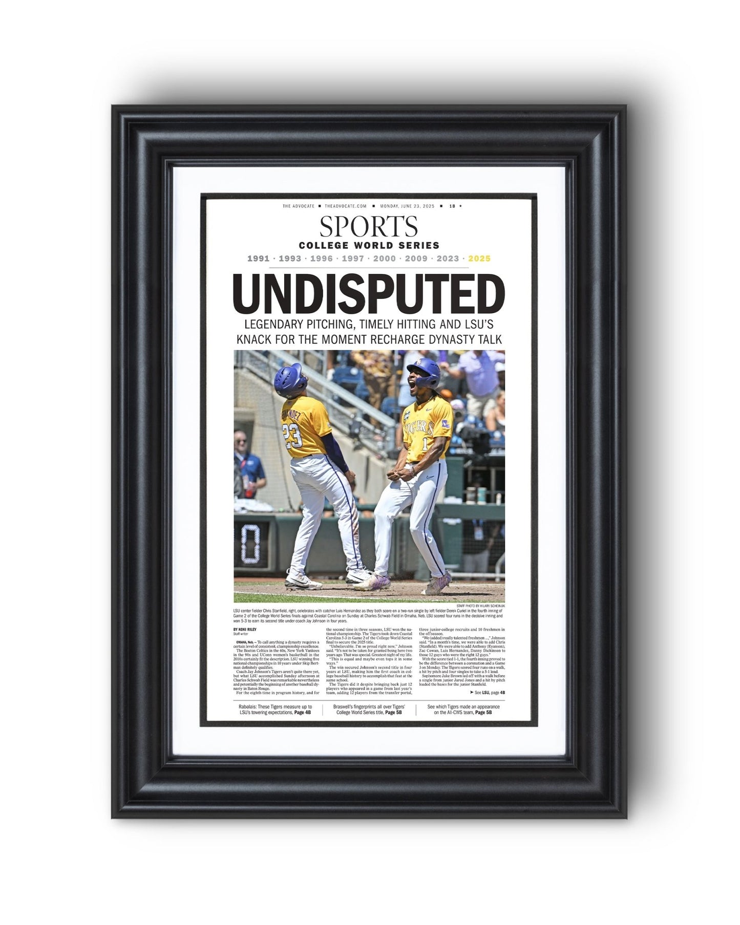 2025 LSU Tigers "UNDISPUTED" CWS Champions Framed Sports Newspaper - TitleGameFrames.com