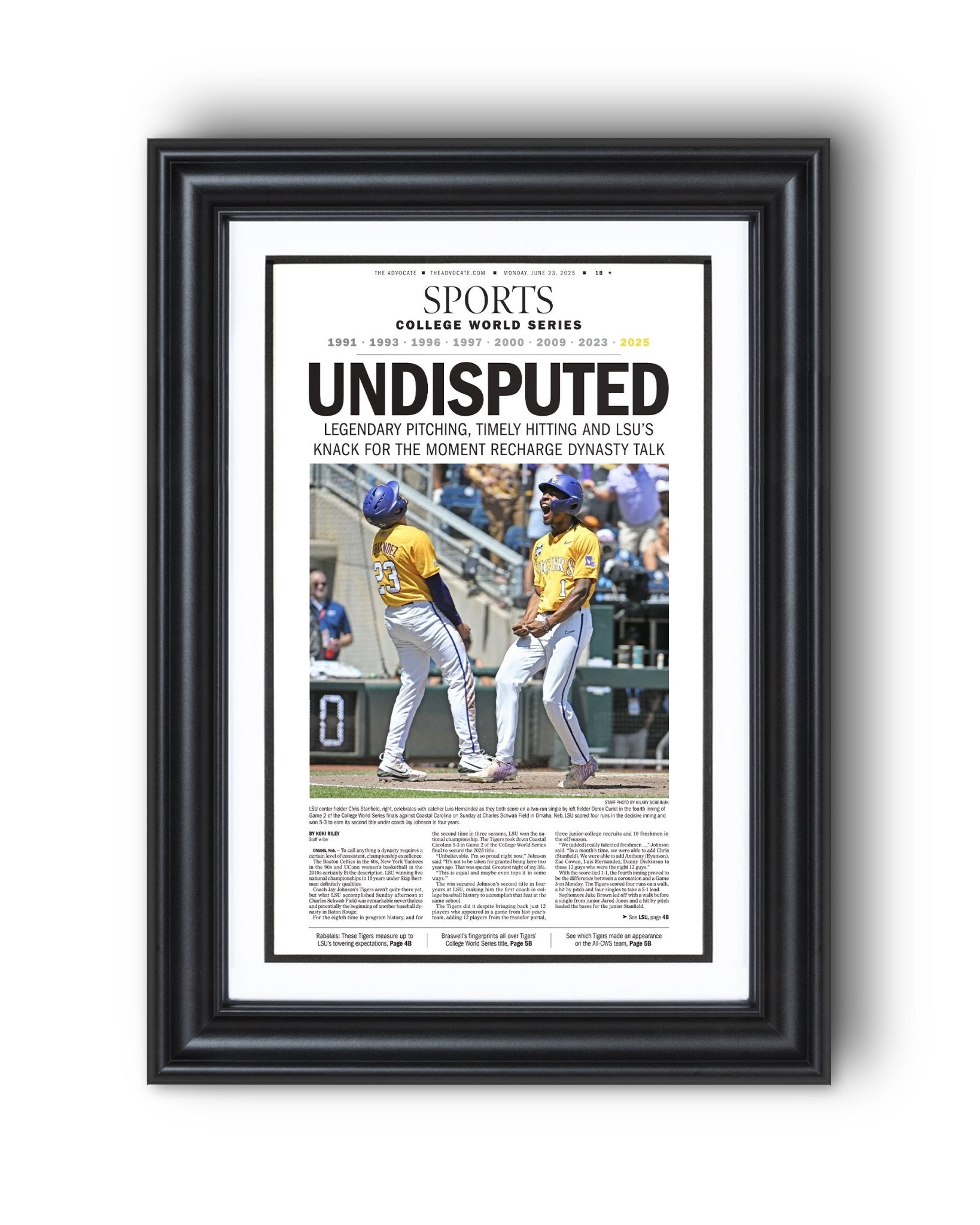 2025 LSU Tigers "UNDISPUTED" CWS Champions Framed Sports Newspaper - TitleGameFrames.com