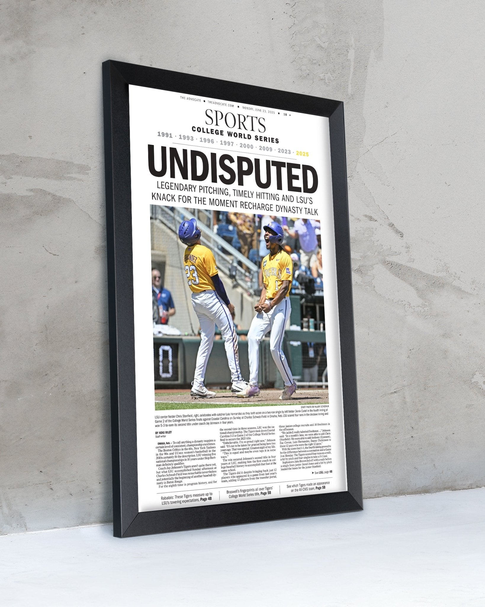 2025 LSU Tigers "UNDISPUTED" CWS Champions Framed Sports Newspaper - TitleGameFrames.com