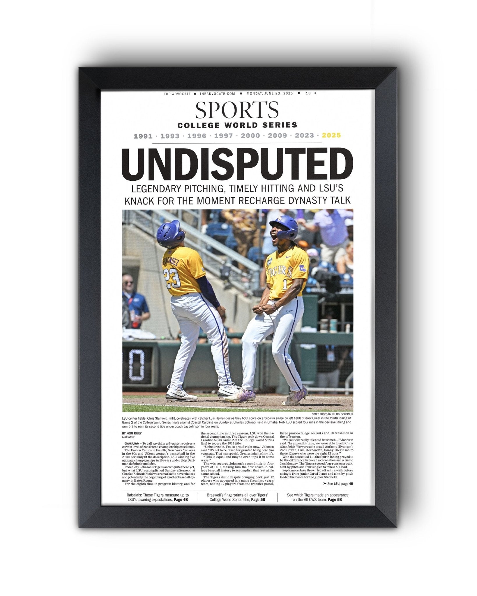 2025 LSU Tigers "UNDISPUTED" CWS Champions Framed Sports Newspaper - TitleGameFrames.com
