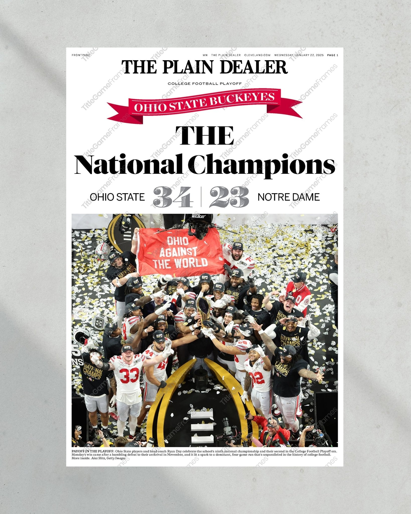 2025 Ohio State CFP Champions "THE National Champions" Plain Dealer Newspaper - TitleGameFrames.com